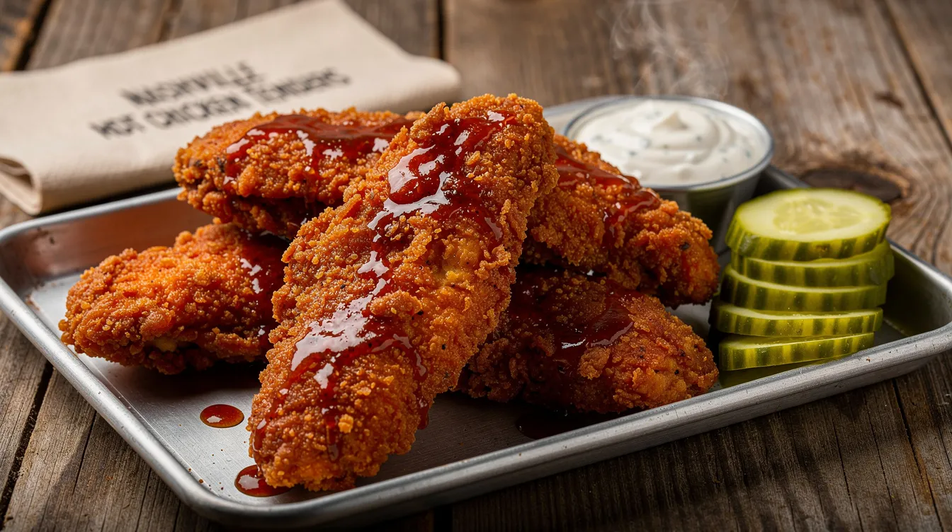 Auf dem Tablett liegen knusprige Nashville Hot Chicken Tenders, umgeben von einem cremigen Ranch-Dip und frischen eingelegten Gurken. Diese köstliche Kreation aus dem Munchies Laden in Berlin verspricht ein intensives Geschmackserlebnis.
