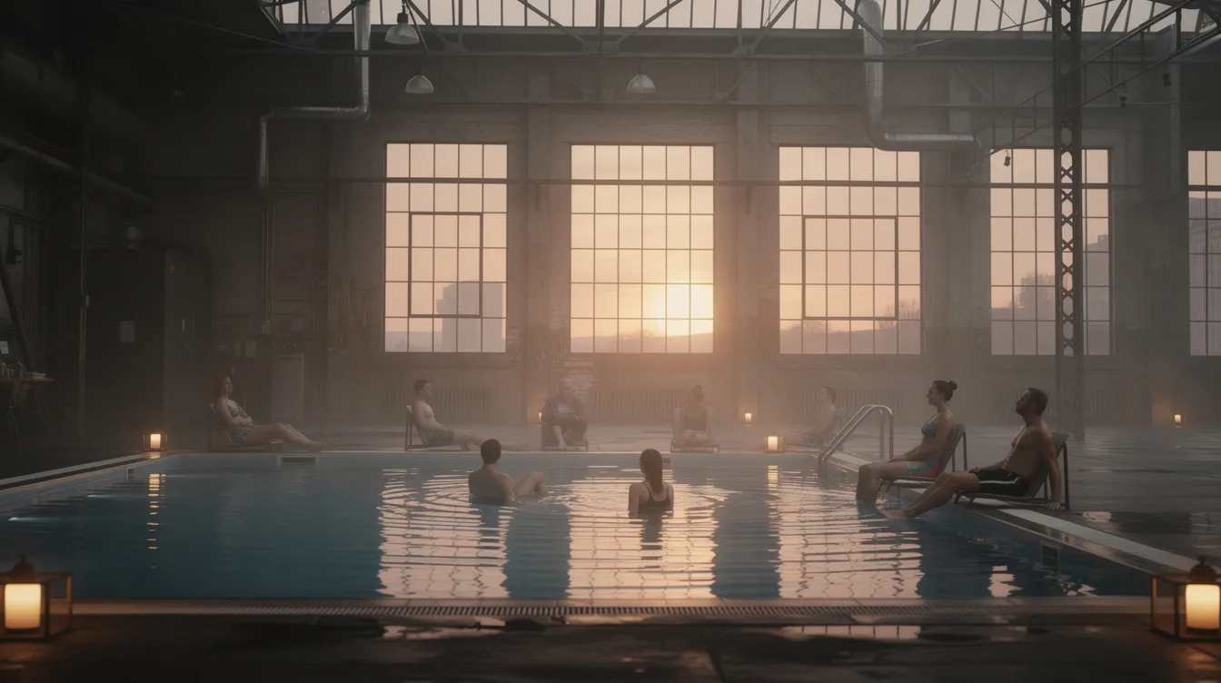 Ein gedämpft beleuchtetes Schwimmbecken in einem industriellen Raum, umgeben von entspannenden Gästen am Beckenrand, während der Sonnenaufgang eine ruhige Atmosphäre schafft. Diese Szene spiegelt die kreative und freizügige Stimmung des Nachtlebens im Kitkat Club in Berlin wider.