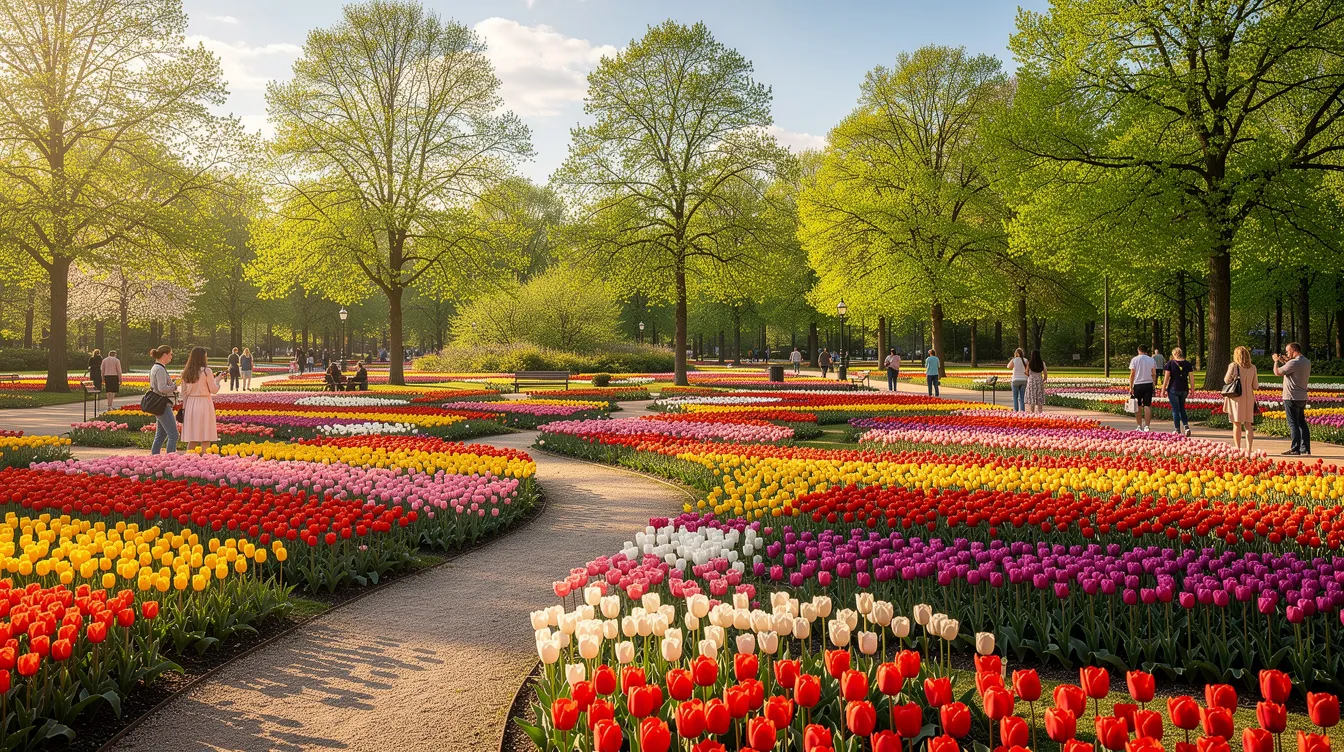 Ein weitläufiger Park in Berlin zeigt bunte Tulpenfelder, die im Sonnenlicht erstrahlen, während Spaziergänger die frühlingshafte Atmosphäre genießen. Diese farbenfrohe Szenerie ist ein ideales Ziel für Familien während der Osterzeit, um die Schönheit der Natur zu erleben.