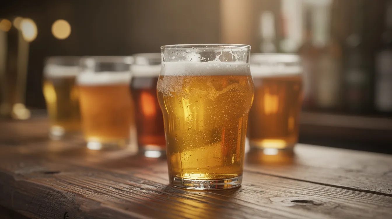 Die Nahaufnahme zeigt mehrere Craft-Beer-Gläser auf einem rustikalen Holztresen in einer gemütlichen Bar in Berlin Kreuzberg. Die Atmosphäre vermittelt den Charme des Nachtlebens in dieser lebendigen Gegend, wo sich Freunde und Genussliebhaber treffen.