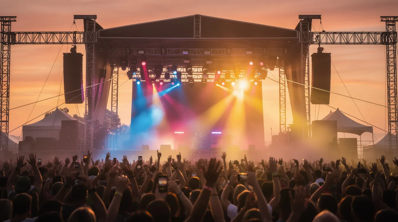 Die große Open-Air-Bühne in Berlin ist bei Sonnenuntergang beleuchtet und von einem begeisterten Publikum umgeben, das auf ein Konzert wartet. Bunte Lichter tauchen die Szene in eine festliche Atmosphäre, während Fans sich auf die musikalischen Darbietungen freuen.