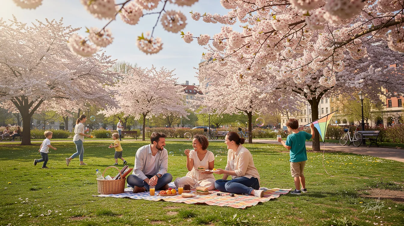 In einem Berliner Park blühen prächtige Kirschbäume, während Familien auf einer Wiese ein Picknick genießen. Die fröhliche Atmosphäre und das sonnige Wetter laden während der Osterzeit zu gemeinsamen Erlebnissen im Freien ein.