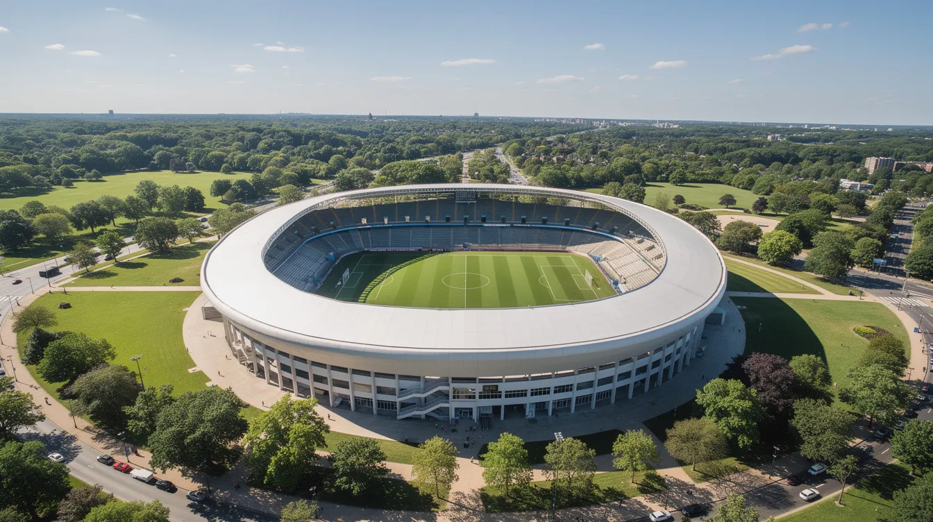Die Luftaufnahme zeigt das Berliner Olympiastadion, ein großes ovales Stadion, das von saftigen Grünflächen und Bäumen umgeben ist, an einem strahlend sonnigen Tag. Die beeindruckende Architektur des Stadions, das Teil der Geschichte der Olympischen Sommerspiele 1936 ist, hebt sich deutlich vor dem blauen Himmel ab.