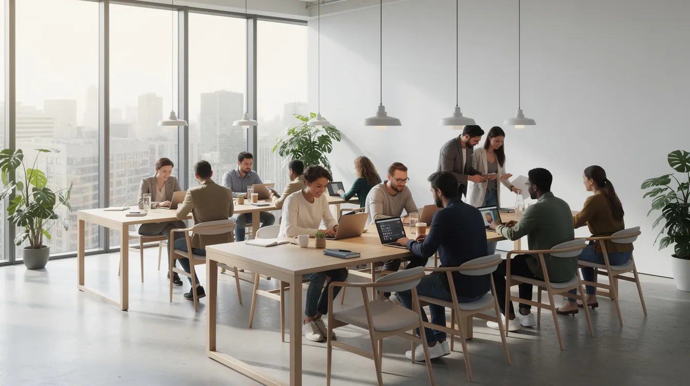 In einem modernen Coworking Space in Berlin Mitte arbeiten mehrere Menschen an langen Holztischen an ihren Laptops, während großes Tageslicht durch die Fenster strömt. Der Raum bietet eine inspirierende Atmosphäre für Start-ups und Coworker, die hier ihre Ideen verwirklichen.