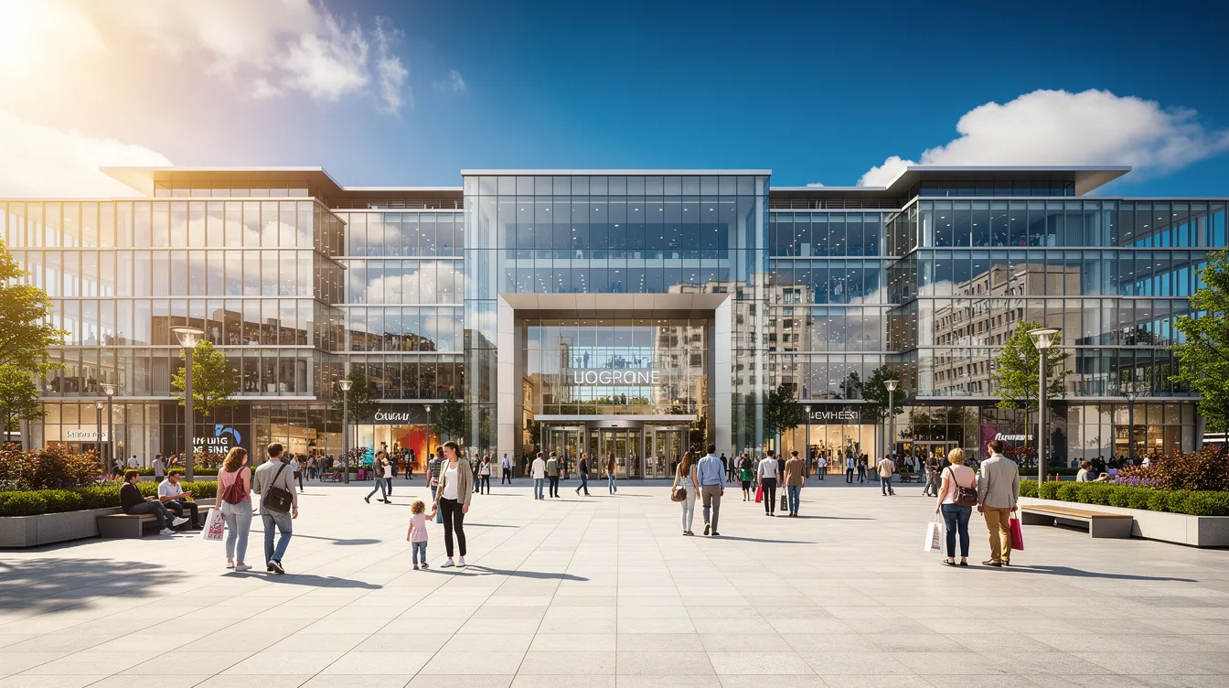 Ein weitläufiger städtischer Platz mit moderner Glasarchitektur, auf dem zahlreiche Fußgänger flanieren, vor dem beeindruckenden Einkaufszentrum "Mall of Berlin". An einem sonnigen Tag strahlt die Atmosphäre und lädt die Besucher zum Stöbern in den Geschäften und zum Verweilen in den Restaurants ein.