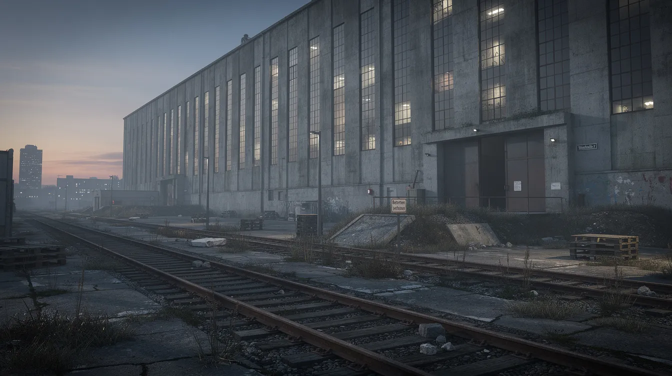 Das Bild zeigt ein massives Industriegebäude aus Beton mit hohen Fenstern und Stahltüren, das bei Dämmerung umgeben von Bahngleisen und urbanem Brachland steht. Diese Architektur erinnert an den Standort des Berghain in Berlin, einem bekannten Technoclub, der für seine einzigartige Atmosphäre und Clubkultur berühmt ist.