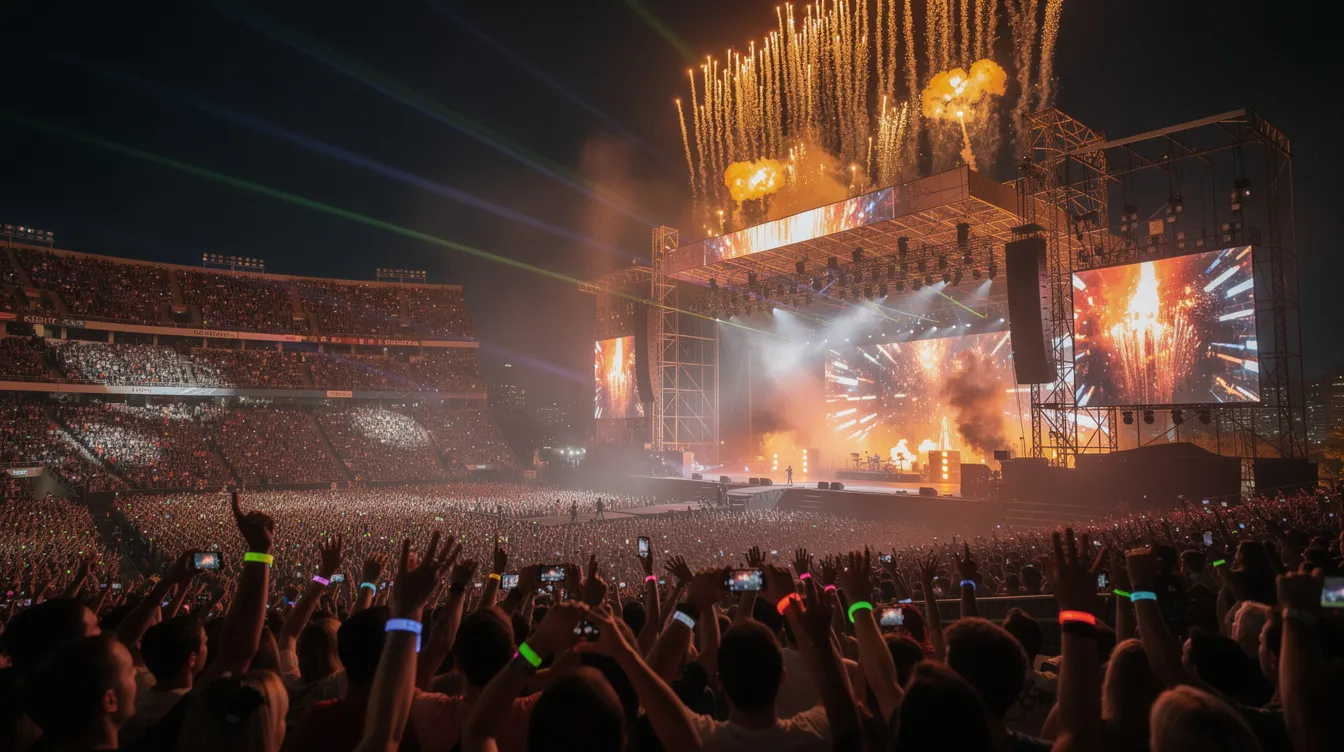 Ein großes Stadionkonzert bei Nacht zeigt Tausende von begeisterten Zuschauern, die die energiegeladene Atmosphäre genießen. Pyrotechnik erleuchtet den Himmel über der Bühne, während Künstler wie Apache 207 die Menge mit ihren Hits begeistern.