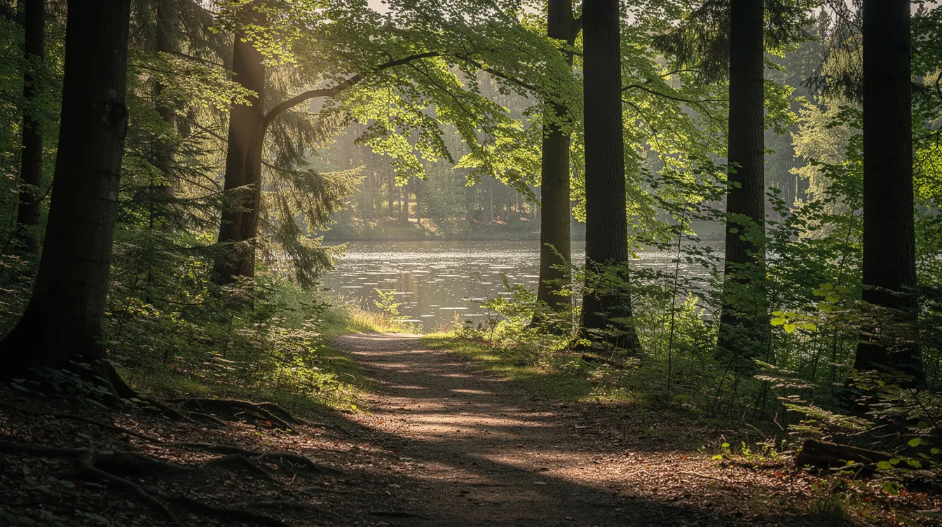 Ein schattiger Waldweg im Grunewald führt durch dichte Baumkronen, durch die sanft Licht strömt. Im Hintergrund ist eine malerische Bucht der Havel zu sehen, die die natürliche Schönheit dieses beliebten Ausflugsziels in der Umgebung von Berlin unterstreicht.