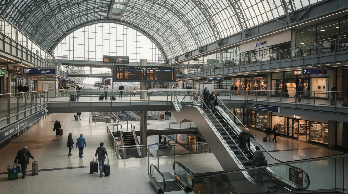 Die Innenansicht des Berliner Hauptbahnhofs zeigt eine mehrstöckige Halle mit einem beeindruckenden gläsernen Dach, in der Reisende auf verschiedenen Ebenen unterwegs sind. Rolltreppen verbinden die Etagen, während in der Halle ein geschäftiges Treiben herrscht, das den Verkehrsknotenpunkt lebendig macht.