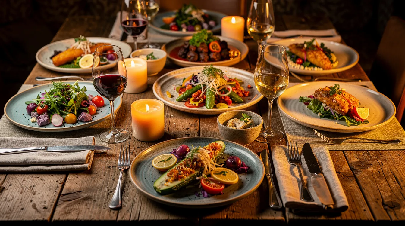 Auf einem rustikalen Holztisch im Berliner Stadtteil Prenzlauer Berg sind bunt angerichtete internationale Gerichte zu sehen, umgeben von Kerzen und eleganten Weingläsern, die eine einladende Atmosphäre für ein feines Dinner schaffen. Die Vielfalt der Speisen, darunter Pizza und frischer Fisch, lädt dazu ein, die kulinarischen Wurzeln dieser Region zu entdecken.
