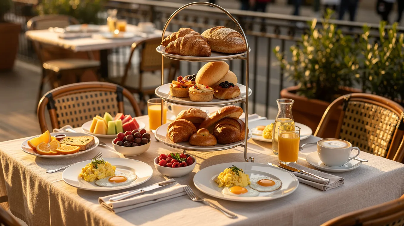 Ein üppig gedeckter Frühstückstisch auf einer sonnigen Café-Terrasse in Prenzlauer Berg, dekoriert mit einer Etagere voller frischem Obst, köstlichen Eierspeisen und duftendem Gebäck. Die Atmosphäre lädt zum Verweilen und Genießen ein, während man die Qualität der Speisen und die Auswahl an Kaffee und Kuchen schätzt.