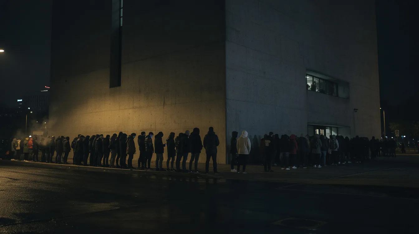 Eine lange Schlange von Menschen wartet vor dem großen Betongebäude Berghain in Berlin, das in der Dunkelheit nur schwach beleuchtet ist. Die Atmosphäre ist angespannt, während die Gäste auf den Eintritt in den berühmten Techno-Club warten, dessen Eingangsbereich von einem Türsteher überwacht wird.