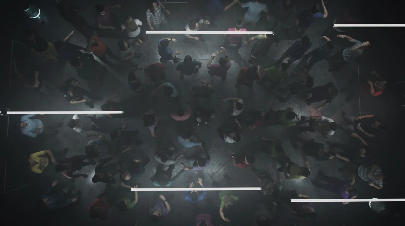 Eine große Menschenmenge tanzt in einem dunklen Raum, beleuchtet von minimalen Lichtstreifen und umhüllt von Nebel, während die Atmosphäre des Berliner Technoclubs Berghain spürbar ist. Die Aufnahme zeigt die ekstatische Stimmung und den pulsierenden Rhythmus der Nacht.