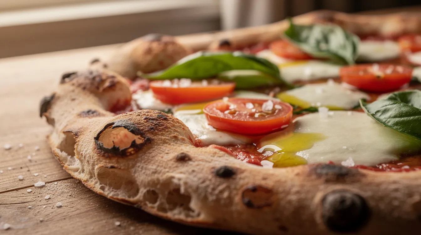 Die Nahaufnahme zeigt eine köstliche Sauerteig-Pizza, reich belegt mit frischen Zutaten, auf einem rustikalen Holztisch. Diese appetitliche Speise könnte hervorragend in einem der beliebten Restaurants in Neukölln serviert werden, wo die Liebe zur guten Küche spürbar ist.