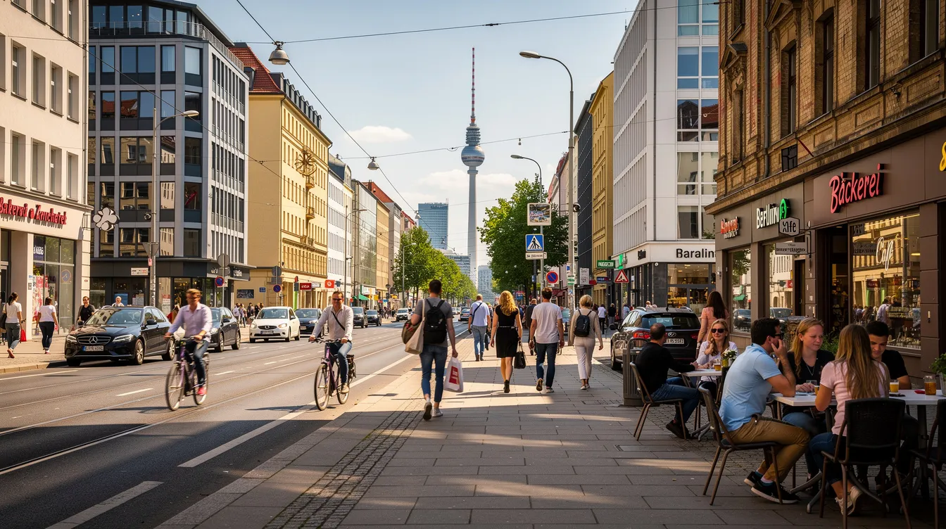Auf der belebten Straße in Berlin-Mitte sind zahlreiche Passanten unterwegs, während der Fernsehturm majestätisch im Hintergrund thront. Diese Szene spiegelt das pulsierende Leben und die Kreativität der Herzen Berlins wider.