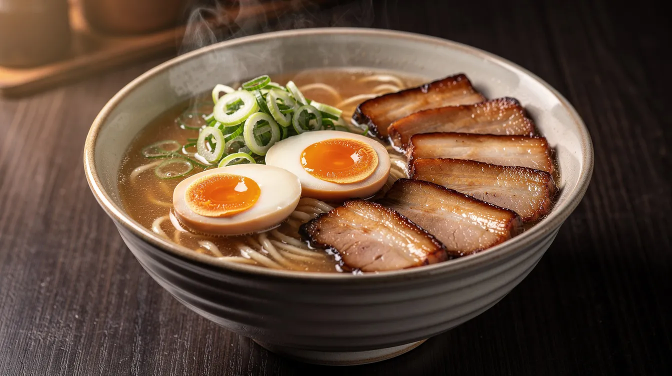 Eine dampfende Schüssel Ramen steht auf einem dunklen Holztisch. Die Nudeln sind garniert mit einem weich gekochten Ei, frischen Frühlingszwiebeln und zartem Chashu, was die japanische Küche in einem gemütlichen Restaurant in Friedrichshain perfekt widerspiegelt.