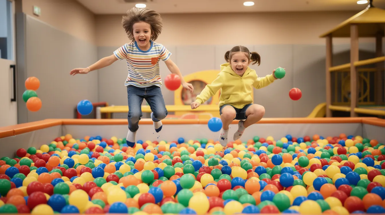 Zwei fröhliche Kinder springen lachend in ein großes, bunt beleuchtetes Bällebad, umgeben von einer Atmosphäre voller Kreativität und Spaß. Dieses Erlebnis in der Nähe von Alexanderplatz bietet unvergessliche Momente und Abenteuer für die ganze Familie.