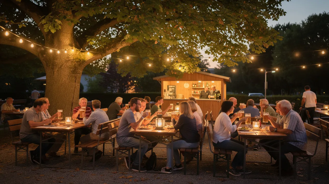 Ein malerischer Biergarten im Stadtteil Prenzlauer Berg, umgeben von großen alten Kastanienbäumen, bietet Holztische, an denen Gäste bei Abenddämmerung entspannen. Lichterketten sorgen für eine stimmungsvolle Atmosphäre, während die Besucher köstliche Speisen und Getränke genießen.