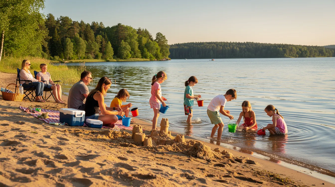 Eine lebhafte Szene am sandigen Ufer eines Sees, wo Familien mit Kindern entspannen und spielen. Im Hintergrund sind Bäume zu sehen, die eine natürliche Kulisse bieten und zu Ausflügen rund um Berlin und Brandenburg einladen.