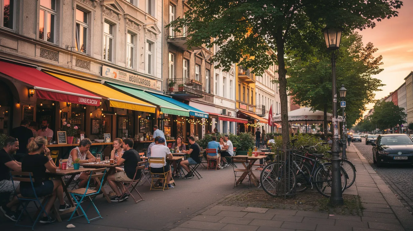 Die belebte Straße in Friedrichshain zeigt bunte Restaurantterrassen, auf denen Gäste im Abendlicht speisen und die entspannte Atmosphäre genießen. In der Umgebung von Boxhagener Platz und Simon-Dach-Straße sind zahlreiche kulinarische Spezialitäten wie Sushi, Pasta und Streetfood zu entdecken.