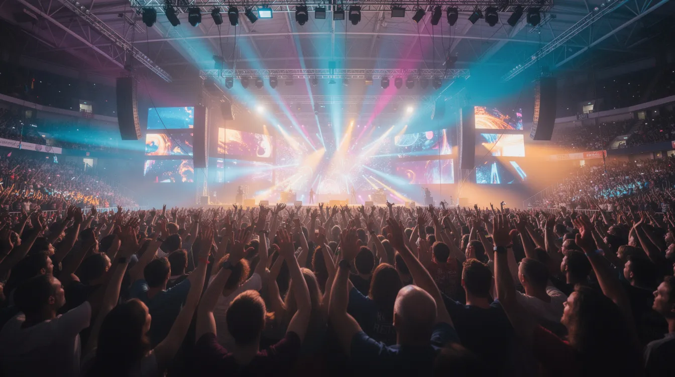 Ein begeistertes Konzertpublikum steht in der Mercedes Benz Arena in Berlin, umgeben von bunter Bühnenbeleuchtung und strahlenden Scheinwerfern. Die Atmosphäre ist voller Energie, während die Fans die Musik genießen und mit den Künstlern feiern.