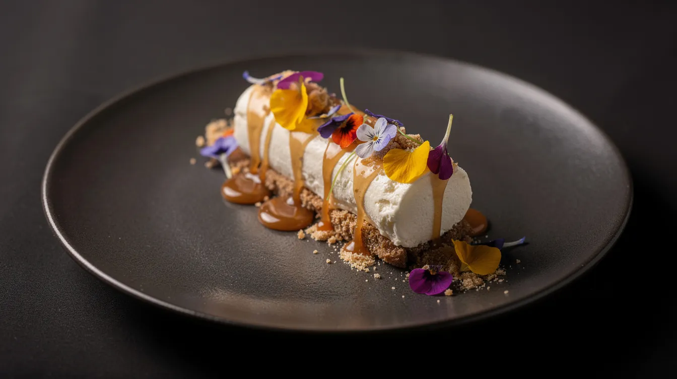 Ein kunstvoll angerichtetes Dessert auf einem dunklen Teller, verziert mit bunten Blumen, strahlt Eleganz aus und lädt zum Genießen ein. Diese kreative Präsentation könnte in einem der vielen Restaurants in Neukölln zu finden sein, die für ihre Liebe zur Gastronomie bekannt sind.