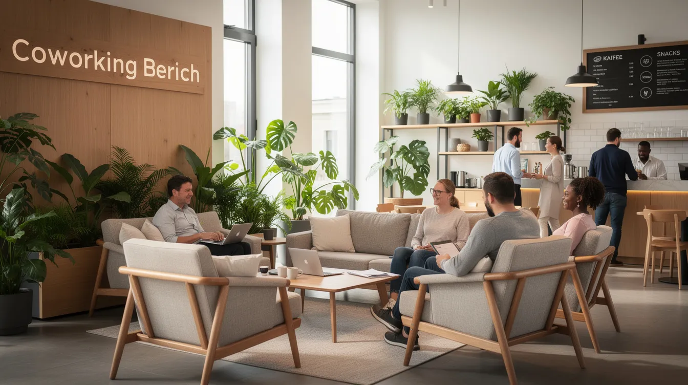 In einem offenen Coworking-Bereich in Berlin Mitte unterhalten sich mehrere Menschen in einer gemütlichen Lounge, die mit Holzmöbeln und Pflanzen dekoriert ist. Der Raum bietet eine einladende Atmosphäre für Start-ups und Coworker, die hier arbeiten und Ideen austauschen.