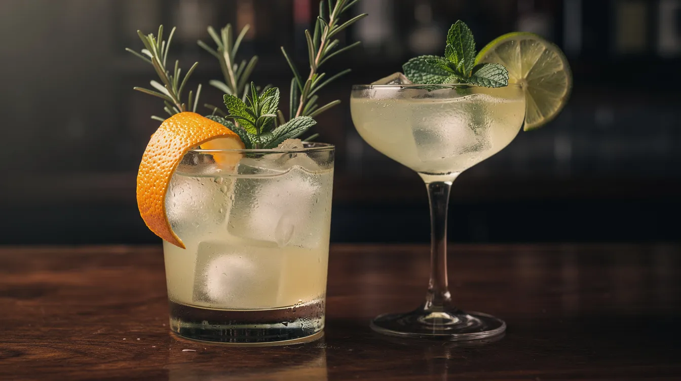 Auf einem dunklen Holztresen stehen zwei Cocktails in eleganten Gläsern, die mit frischen Kräutern und Zitrusschale garniert sind. Diese Cocktail-Kreationen sind ein Highlight der Barkultur in den Bars von Friedrichshain, perfekt für einen genussvollen Abend in Berlin.