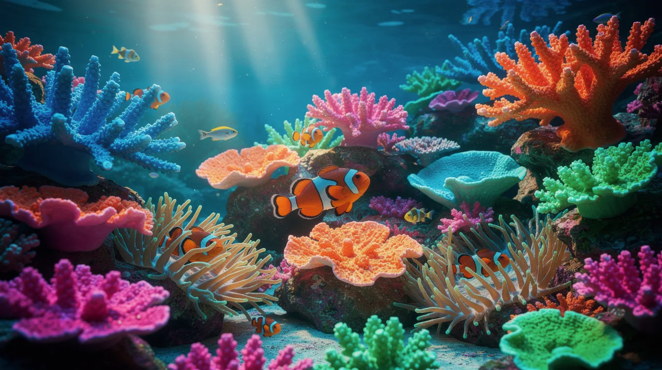 In einem tropischen Riffbecken im Zoo Aquarium Berlin schwimmen bunte Korallenfische und Anemonenfische zwischen leuchtenden Korallen. Die Vielfalt der Meeresbewohner schafft ein lebendiges und farbenfrohes Unterwasserbild, das Besucher in die faszinierende Welt der Fische eintauchen lässt.