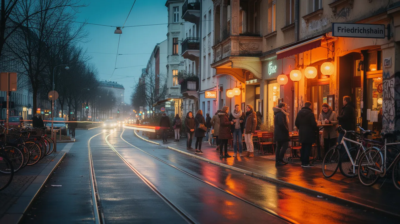 Die Abendliche Straßenszene in Friedrichshain zeigt warme Lichter, die aus den Fenstern der Bars strahlen, während Passanten auf dem Gehweg flanieren. Die Atmosphäre ist lebhaft und einladend, mit einem Hauch von Barkultur und geselligen Abenden in den beliebten Bars wie der Sohnemann Bar und anderen Lokalen in der Umgebung.