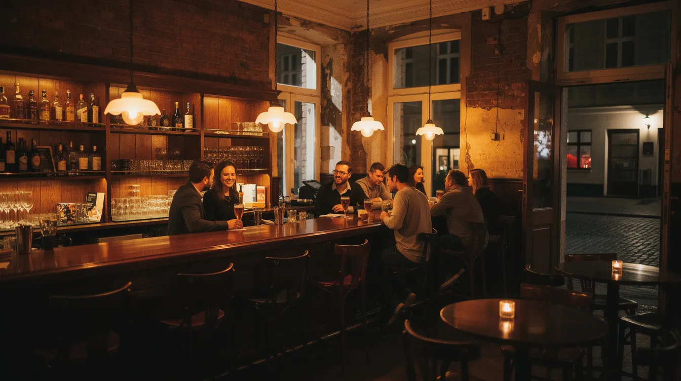 Eine gemütliche Bar im Prenzlauer Berg, beleuchtet von gedämpftem Licht, zeigt Holzmöbel und Gäste, die an einem langen Tresen sitzen und Drinks genießen. Die Atmosphäre vermittelt ein Gefühl von Geselligkeit und Feierabend in einem Altbauviertel von Berlin.