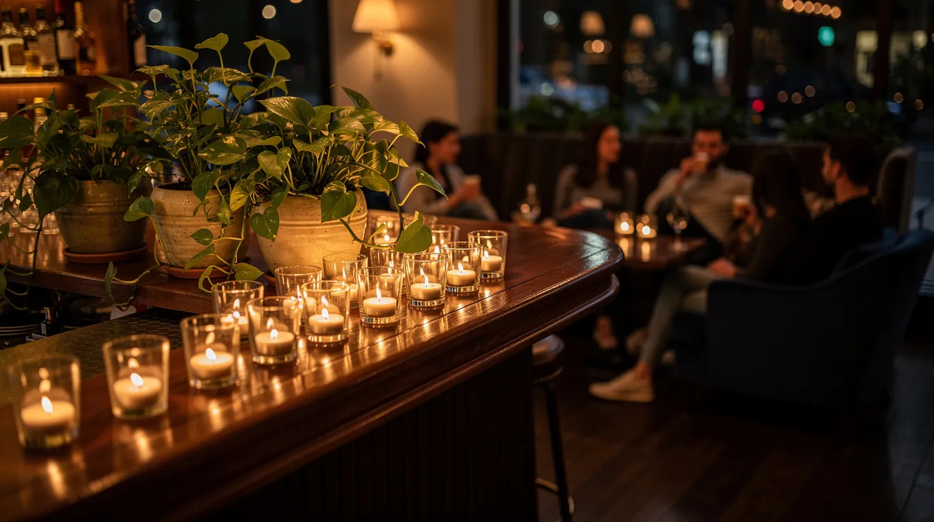 Der Barraum in der Sohnemann Bar in Friedrichshain ist stimmungsvoll im Kerzenschein erleuchtet, mit üppigen Pflanzen auf dem Tresen und Gästen, die auf dunklen Polstermöbeln entspannen. Die Atmosphäre lädt zum Genießen von Cocktails und Drinks ein, während die Umgebung ein Gefühl von Heimat und Geselligkeit vermittelt.