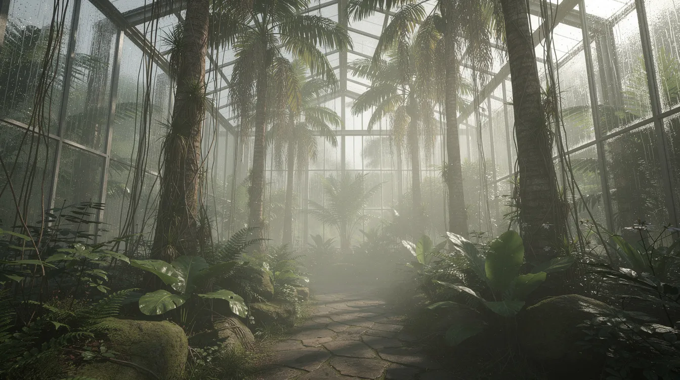 Das Bild zeigt das Innere eines tropischen Gewächshauses im botanischen Garten Berlin, wo hohe Palmen und Lianen in einem feuchten Klima unter gedämpftem Licht wachsen. Diese Pflanzenwelt bietet Besuchern einen Einblick in die Vielfalt der Tropen und ist ein beliebtes Ausflugsziel für Natur- und Botanikliebhaber.