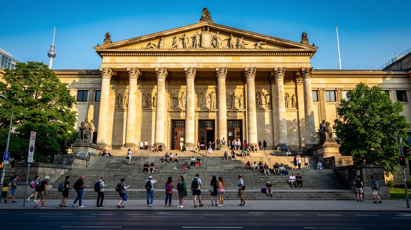 Das Bild zeigt ein großes Museumsgebäude in Berlin, umgeben von Besuchern, die auf den Stufen sitzen und den sonnigen Tag genießen. Im Vordergrund sind Kinder und Jugendliche zu sehen, die sich für die Ausstellungen und Sammlungen des Museums interessieren.
