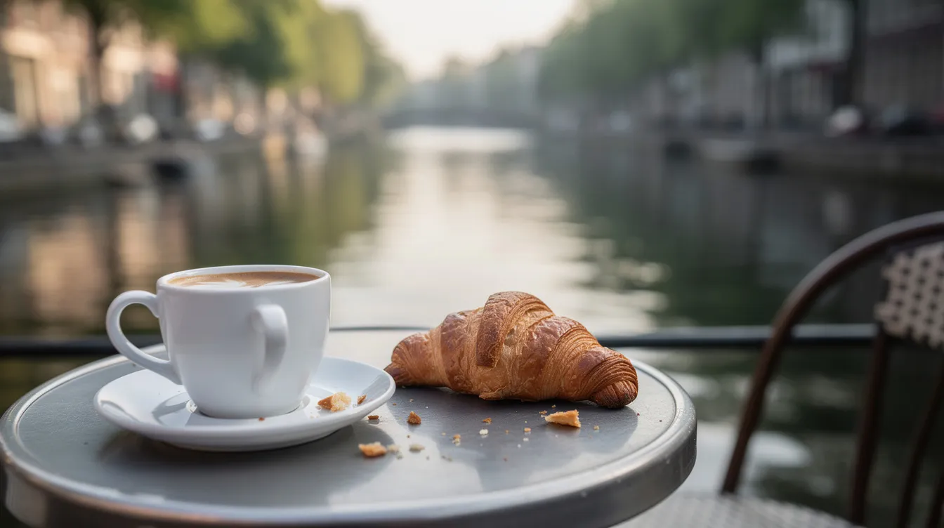 Auf einem kleinen Tisch am Landwehrkanal stehen eine Kaffeetasse und ein frisches Croissant, während im Hintergrund Bäume das Bild abrunden. Diese Szenerie vermittelt ein entspanntes Frühstücks- oder Brunch-Ambiente in Berlin-Kreuzberg.