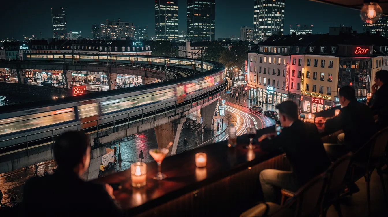 Der Blick von der erhöhten Barterrasse zeigt eine lebendige städtische Nachtszene in Berlin Kreuzberg, mit Hochbahngleisen, die sich durch die Lichter der Umgebung schlängeln. Die Atmosphäre ist geprägt von der Dichte des Nachtlebens, während Menschen in den Kneipen und Bars der Oranienstraße verweilen und die Vielfalt an Drinks und Cocktails genießen.