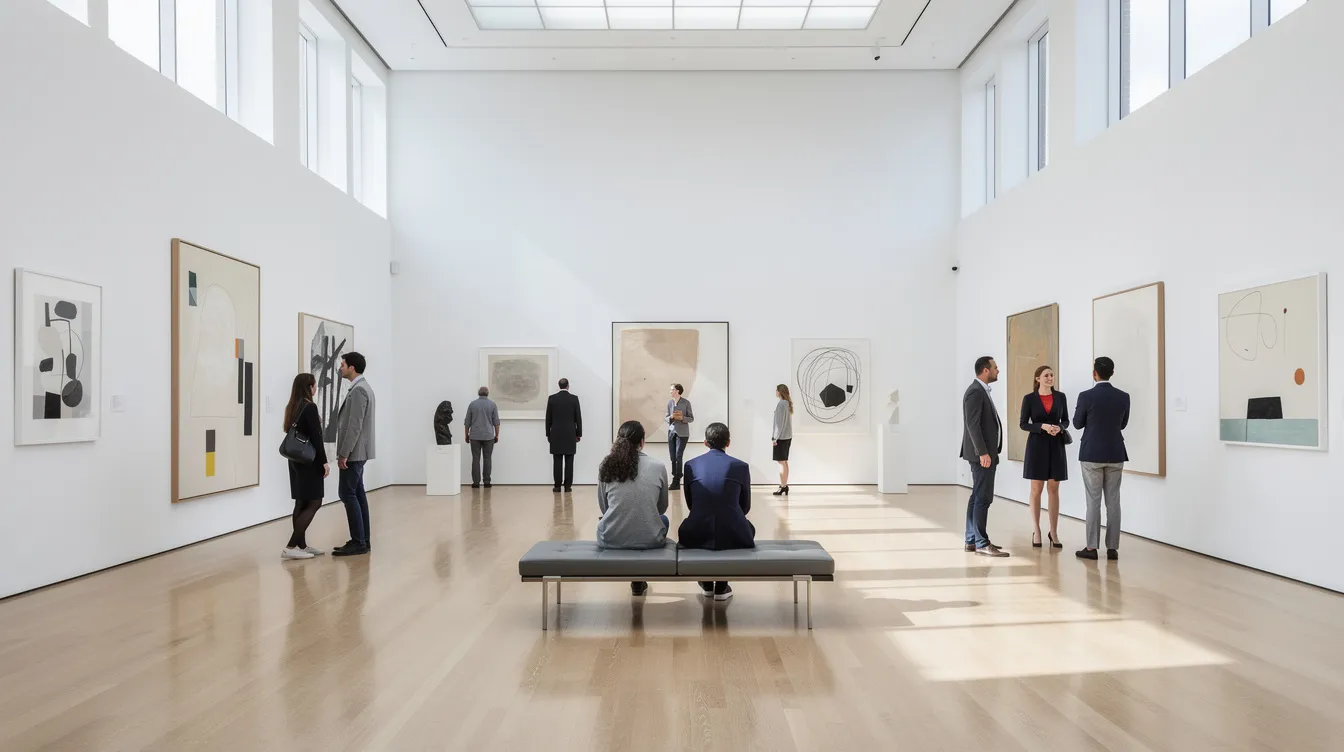 In einem hellen Galerieraum in Berlin sind zeitgenössische Kunstwerke an den Wänden zu sehen, während Besucher, darunter Kinder und Jugendliche, die Ausstellung erkunden. Die Atmosphäre ist lebendig und einladend, ideal für einen Besuch mit freiem Eintritt.