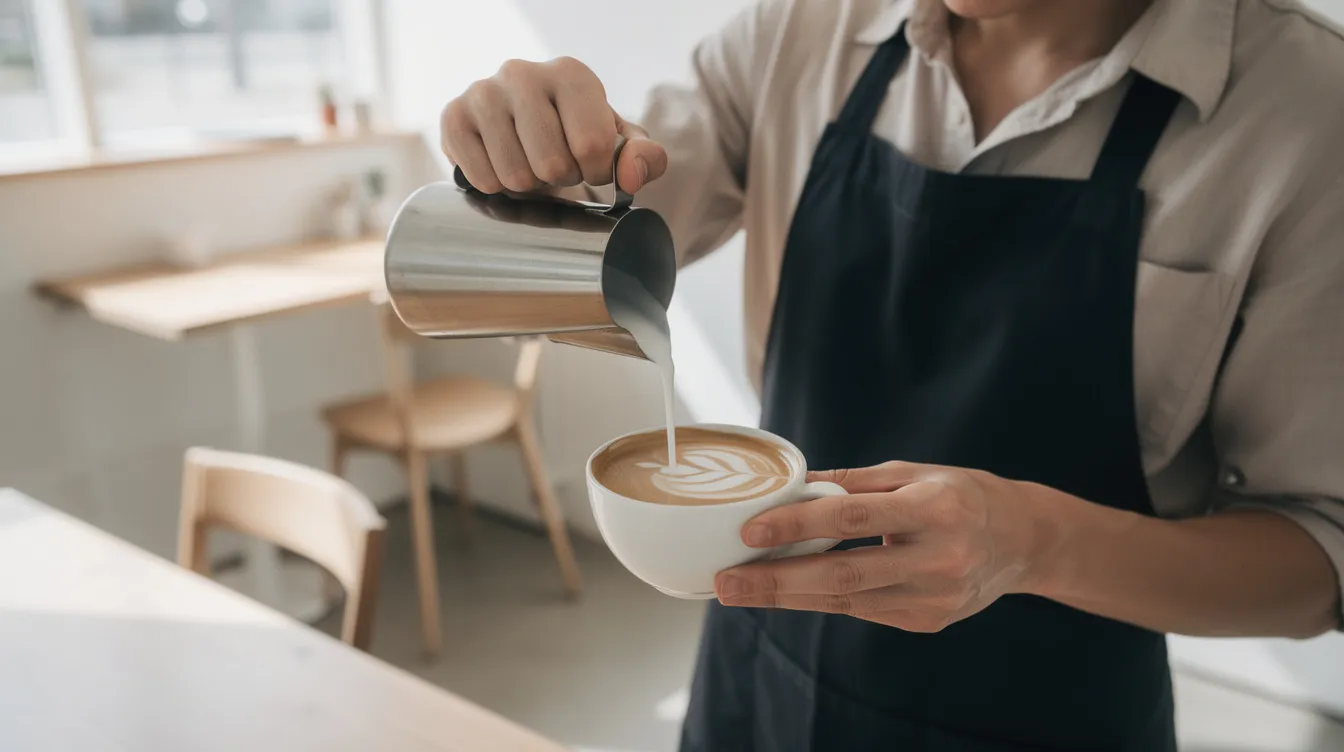 Ein Barista gießt sorgfältig warme Milch in eine Kaffeetasse und kreiert dabei kunstvolle Latte Art in einem minimalistisch eingerichteten Café in Prenzlauer Berg. Die entspannte Atmosphäre und die hohe Qualität der Kaffeespezialitäten machen diesen Ort zu einem beliebten Ziel für Kaffeeliebhaber in Berlin.
