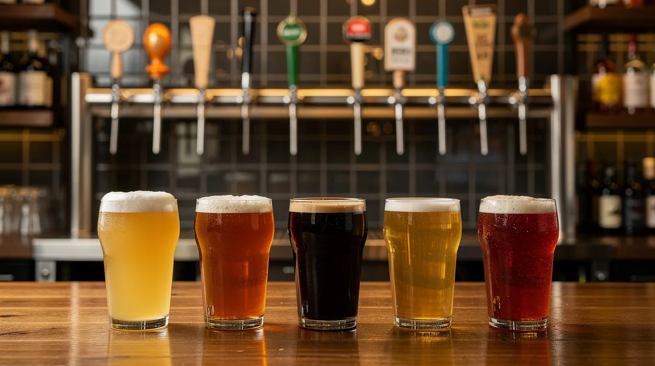 In einer gemütlichen Craft-Beer-Bar in Prenzlauer Berg sind mehrere Zapfhähne zu sehen, die eine Vielzahl von Biersorten anbieten. Der Tresen ist mit verschiedenen Drinks dekoriert und schafft eine einladende Atmosphäre für einen Feierabend mit Freunden.