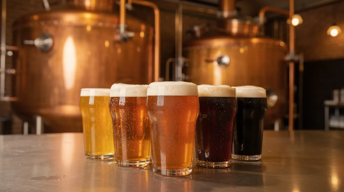 Mehrere Craft-Bier-Gläser in unterschiedlichen Farben stehen vor glänzenden, kupferfarbenen Braukesseln. Diese Szene vermittelt ein Gefühl von Barkultur und Genuss, ideal für die Umgebung von Bars in Friedrichshain, wo Bierliebhaber zusammenkommen.