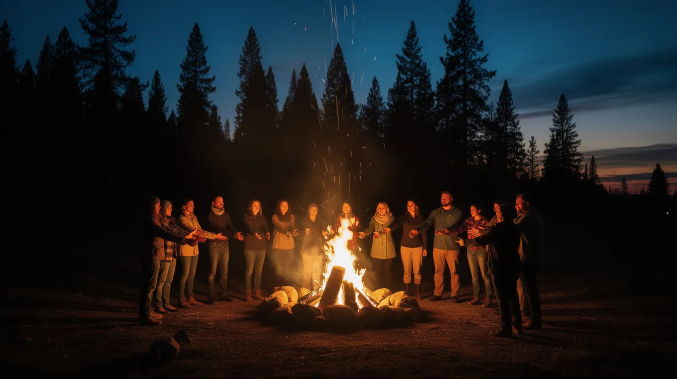 Ein großes Lagerfeuer in der Abenddämmerung zieht Menschen an, die sich um das Feuer versammeln, um sich zu wärmen und die fröhliche Stimmung zu genießen. Diese Szene könnte während der Osterzeit in Berlin stattfinden, wo Familien und Freunde zusammenkommen, um die Feiertage zu feiern und gemeinsame Erlebnisse zu teilen.