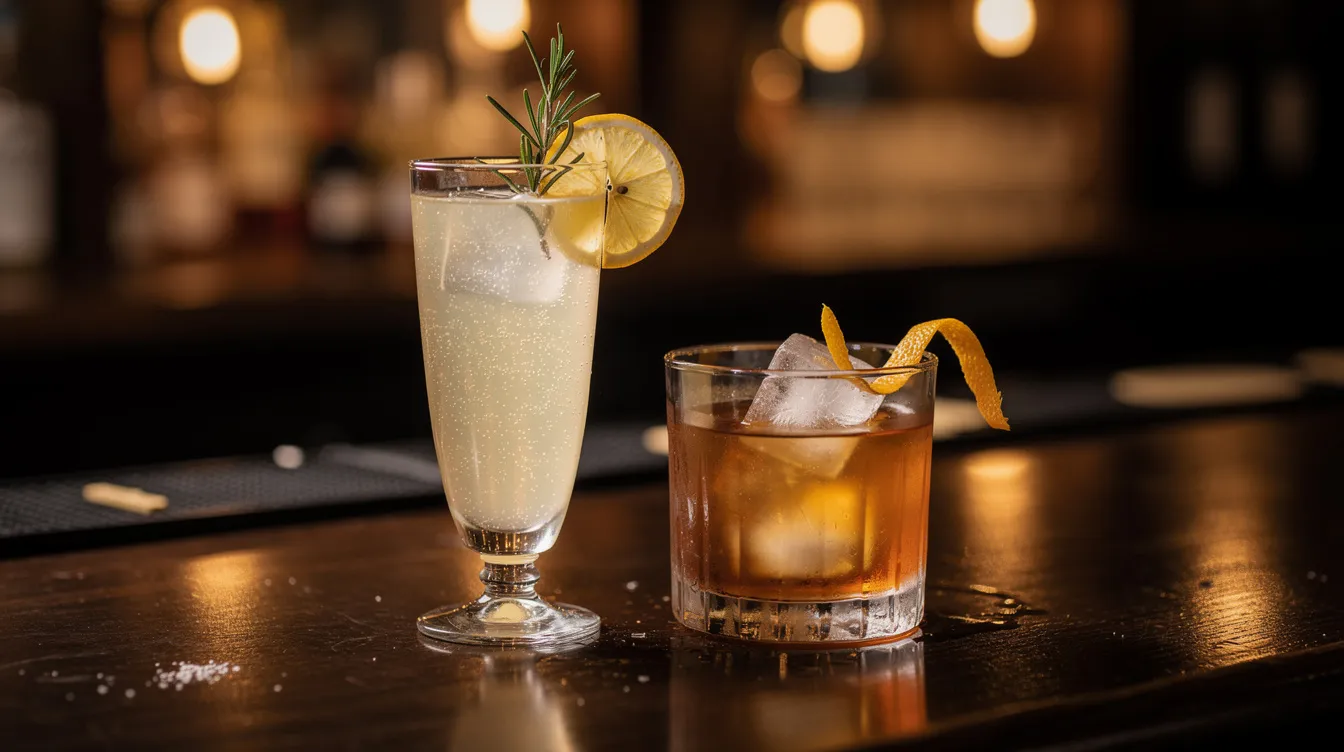 Zwei elegant garnierte Cocktails stehen auf einem dunklen Bartresen, umgeben von warmem Hintergrundlicht, das eine gemütliche Atmosphäre schafft. Diese Drinks laden zum Verweilen in einer stilvollen Bar im Prenzlauer Berg ein, ideal für einen entspannten Feierabend mit Freunden.
