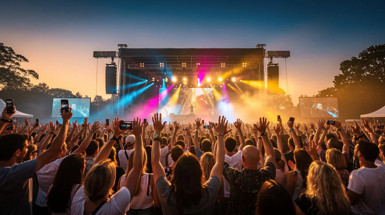 Ein begeistertes Publikum genießt ein Sommerkonzert unter freiem Himmel, während eine beeindruckende Lichtshow die Bühne erleuchtet. Die Atmosphäre ist voller Energie und Freude, typisch für die lebendige Musikszene in Berlin.
