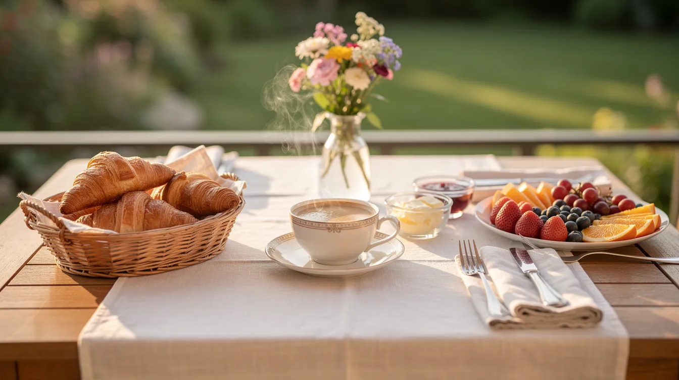 Ein einladend gedeckter Frühstückstisch auf einer Außenterrasse in Prenzlauer Berg, dekoriert mit Kaffee, frischen Croissants, bunten Früchten und Blumen, schafft eine gemütliche Atmosphäre für einen entspannten Start in den Tag. Die Umgebung lädt dazu ein, das Frühstück inmitten der Natur zu genießen.