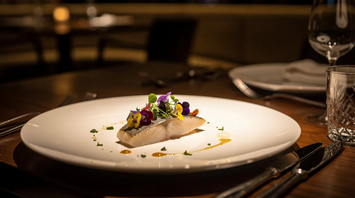 Ein elegant angerichteter Teller mit frisch zubereitetem Fisch und essbaren Blüten steht auf einem stilvoll beleuchteten Tisch in einem Restaurant in Charlottenburg. Die kreative Präsentation der Speisen spiegelt die hohe Qualität und das besondere Ambiente wider, das Gäste in dieser Berliner Küche erwarten können.