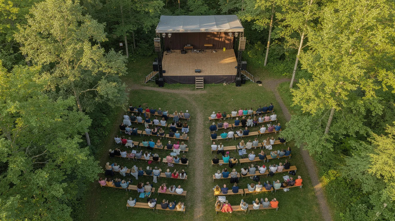 Eine Luftaufnahme zeigt eine Freilichtbühne, umgeben von Bäumen, auf der ein Publikum auf Sitzbänken sitzt und die Atmosphäre eines Open-Air-Konzerts genießt. Die Szene vermittelt ein Gefühl von Gemeinschaft und Musik, typisch für die vielfältige Musikszene in Berlin.