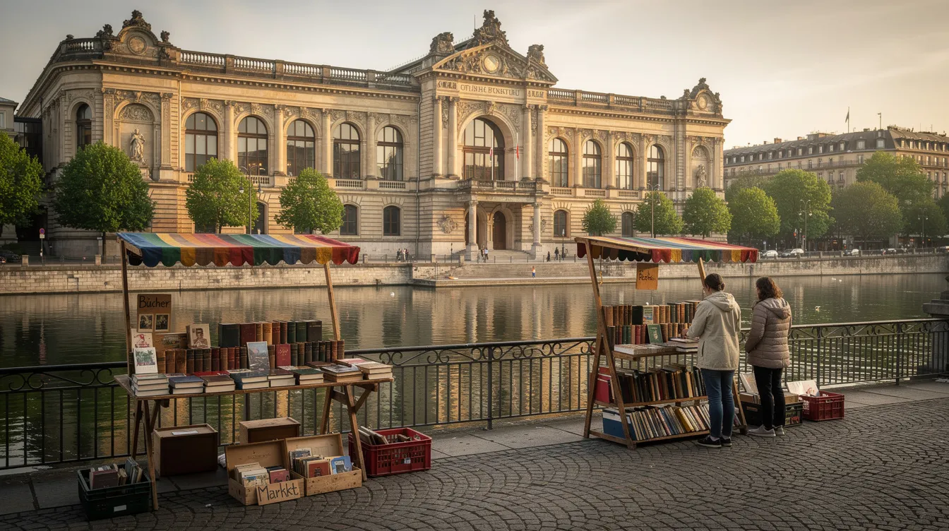 Das Bild zeigt ein historisches Museumsgebäude am Fluss, umgeben von kleinen Marktständen und Büchertischen im Vordergrund. Besucher stöbern nach Vintage-Schätzen und Antiquitäten auf dem Flohmarkt in Berlin, während die Atmosphäre lebhaft und einladend wirkt.
