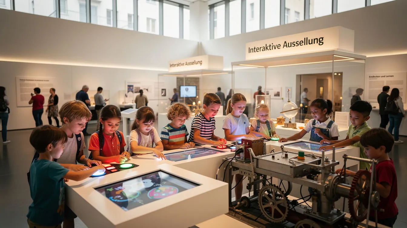 In einem modernen Museum erkunden Kinder und Jugendliche interaktive Ausstellungsobjekte, die ihnen spielerisch Wissen über Kunst und Kultur vermitteln. Diese interaktive Erfahrung findet in einer Galerie statt, die für alle Besucher, einschließlich Schulklassen und Familien, mit freiem Eintritt zugänglich ist.