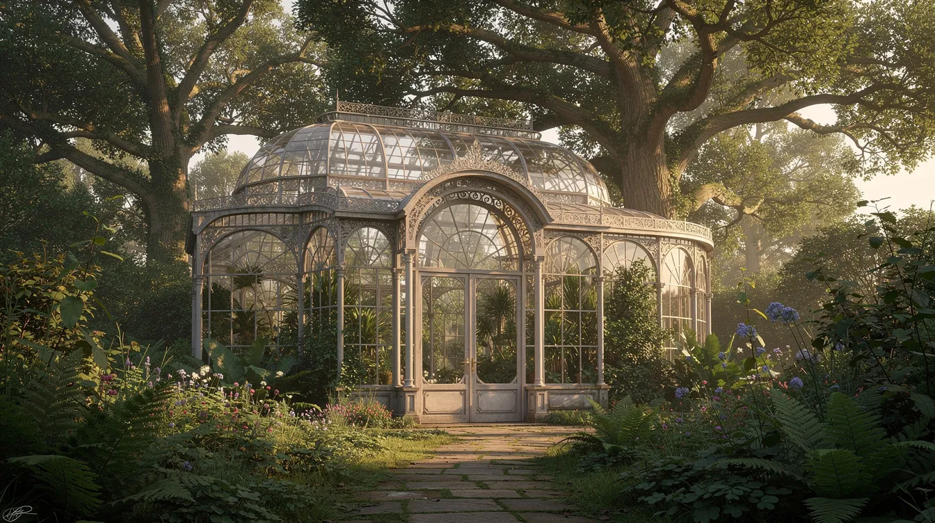 Das Bild zeigt ein historisches Jugendstil-Gewächshaus aus Glas und Stahl, umgeben von üppiger Vegetation und alten Baumbeständen im botanischen Garten Berlin. Die harmonische Verbindung von Architektur und Natur schafft eine einladende Atmosphäre für Besucher, die die Vielfalt der Pflanzenwelt erleben möchten.