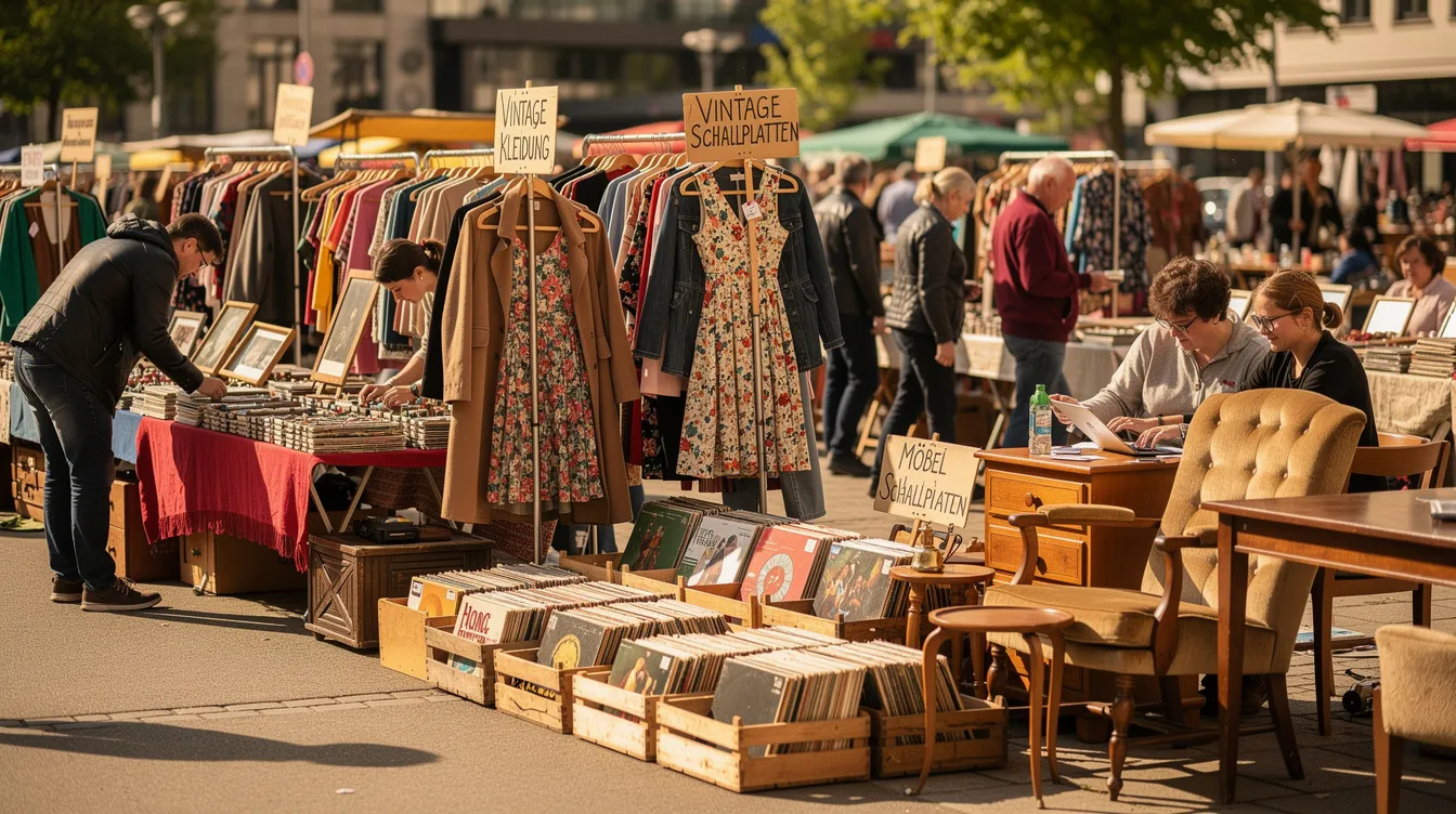 Auf dem Bild sind bunte Flohmarktstände im Freien zu sehen, umgeben von einer Menge Menschen, die zwischen Vintage-Kleidung, Schallplatten und alten Möbeln stöbern. Der Trödelmarkt, der in Berlin stattfindet, bietet eine Vielzahl von Schätzen und Schnäppchen für Besucher, die das besondere Flair des Marktes genießen möchten.